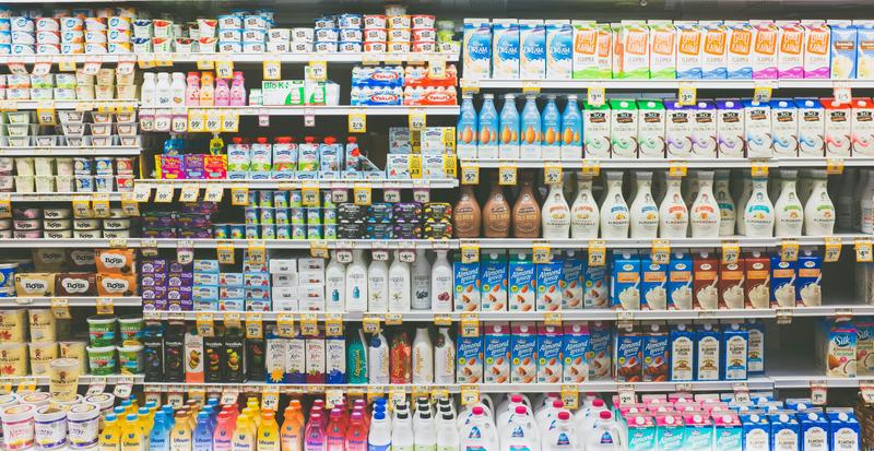 Assorted drinks in a supermarket refrigerator
